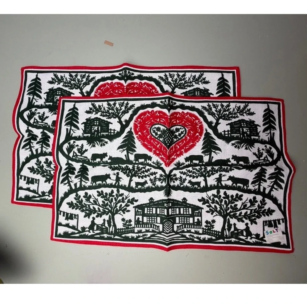 SOLT Vintage Swiss Handprinted Cotton Placemats Set of 2 Alpine Folk Art Heart